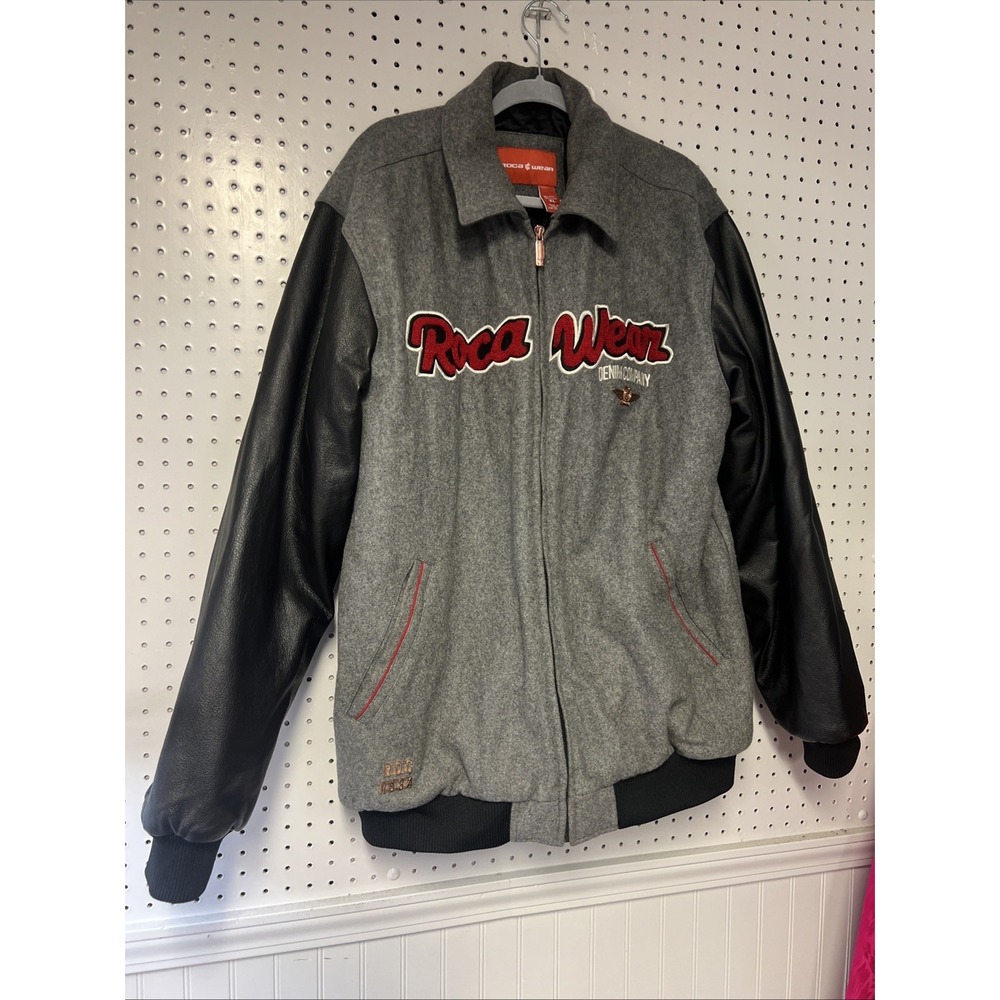 Vintage Rocawear Denim Varsity‎ Black Leather Full Zip XL Jacket